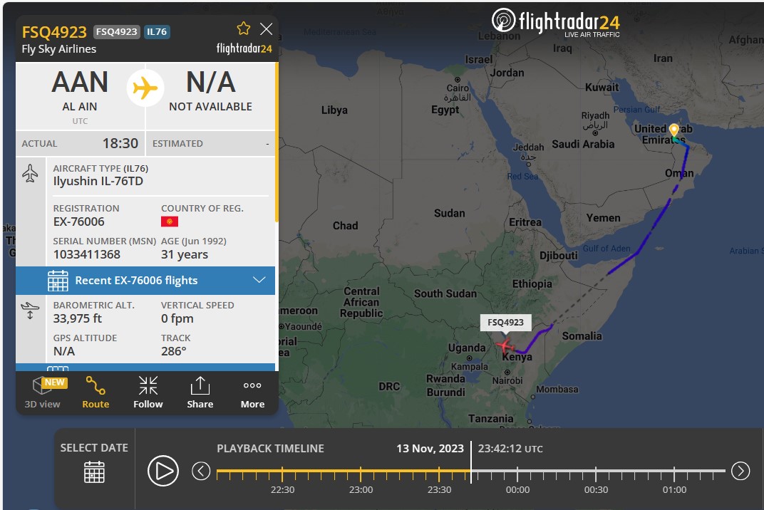 Laurent_Le_Bloa's tweet photo. IL76TD #FSQ4923 possibly heading to #Chad via #Kenya airspace. Flight fm #AlAin could indicate a possibly "military" flight
@RAbdiAnalyst @Abdi678 @0G_OnTheG @OAbraar @Wild_JSL @_ngwata @YahyeSL @awkulmiyow @WajaaleMan https://t.co/r8rmJyEEp6