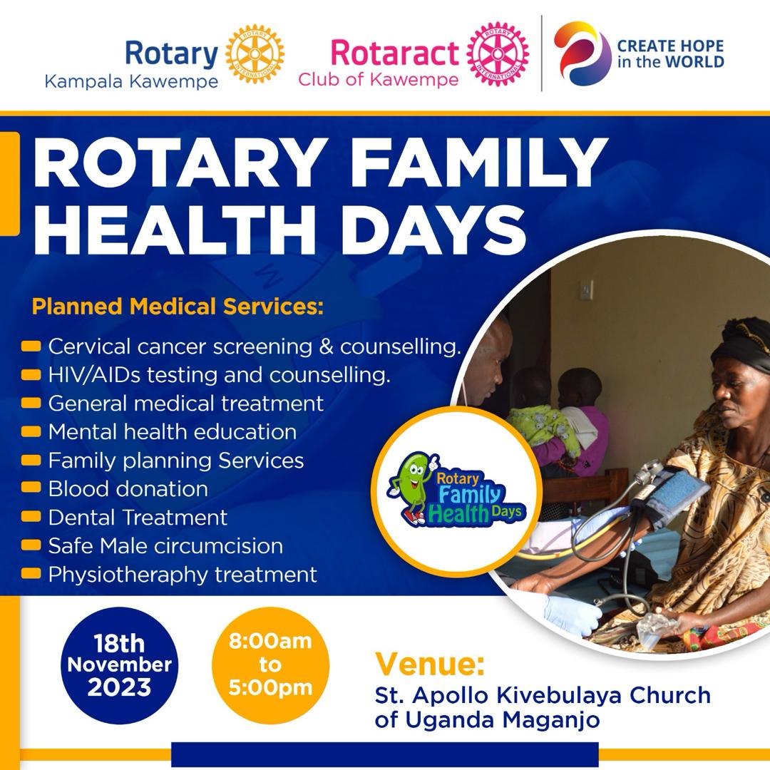 rckawempe's tweet image. A healthy body is well off assurance of a good tomorrow. Come take part in the mega medical camp this Saturday at St. Appollo kivebulaya ch+ Maganjo. All services will be for free. 
#CreatingHopeintheWorld
#Rotary