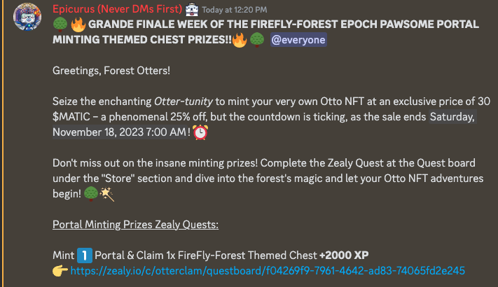 OtterClam's tweet photo. Take a stroll through our Discord to uncover the enchanting details on the massive XP and #FireFlyForest-themed chest prizes waiting for you when you MINT your very own Otto #NFT! π³π¦
https://t.co/nakLJC0VX3
#NFTArt #NFTCollection #NFTsales https://t.co/A6JF9ieUWW