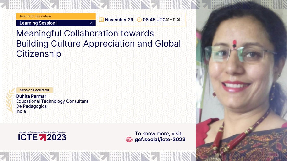 Valuing diversity and fostering collaboration at the ICTE 2023! 
👉Register here: globalcitizenshipfoundation.org/icte-2023
🎙️Introducing Duhita Parmar 
📌 Session: "Meaningful Collaboration towards Building Culture Appreciation &amp; Global Citizenship"
🗓️Date &amp; Time: Nov 29, 08:45 UTC
#ICTE2023