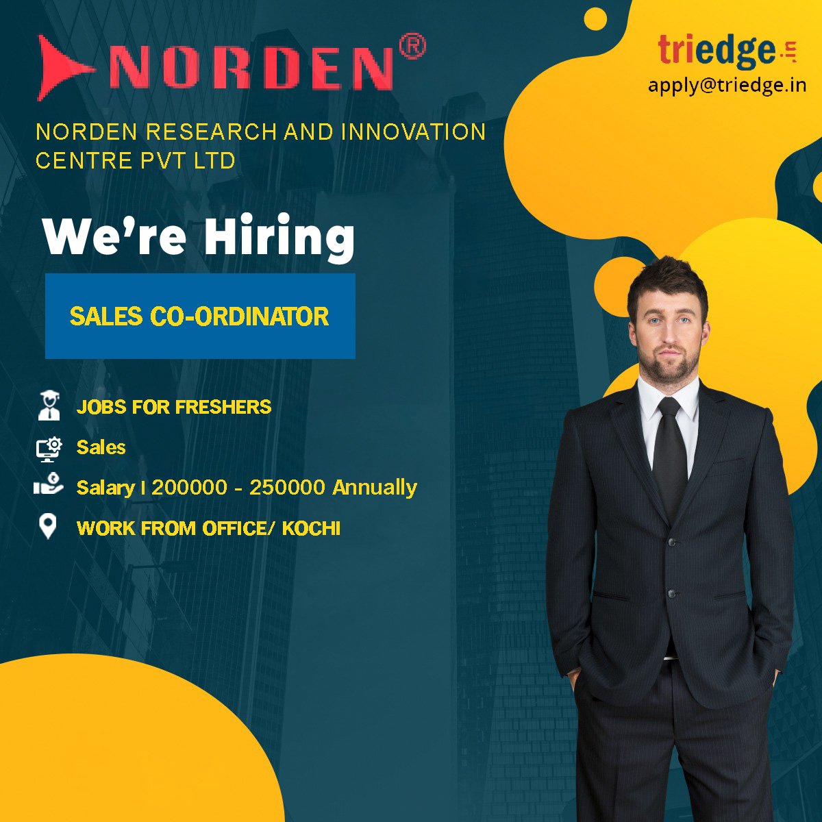 Norden Research And Innovation Centre Pvt Ltd is providing job opportunities for the role of sales coordinator.  Apply with your resume at apply@triedge.in. 
#salescoordinator #sales