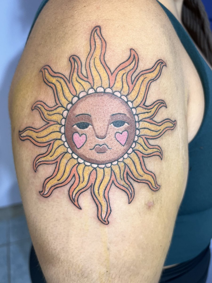 Lots of colour sun tattoo . #tat #tattoo #colortattoo done at Sun on skin tattoos Halifax . By tattoos with Adam.