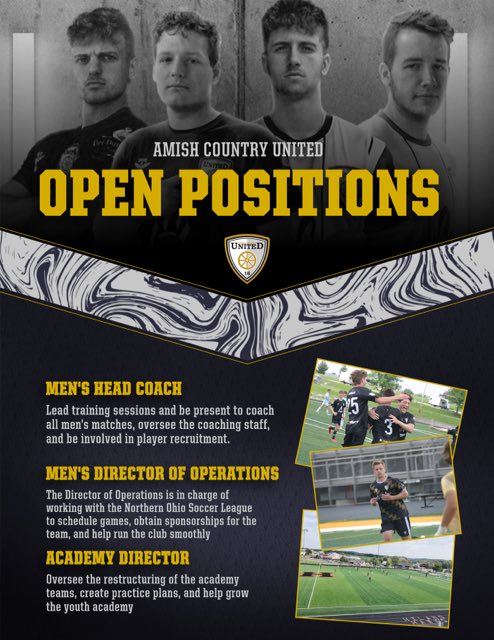 We have a few staff openings for the men’s team. Check out the positions and apply on our website: amishcountryunited.com/position-openi…