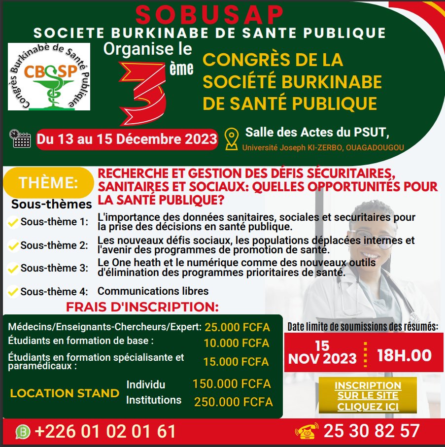 INSP-Burkina Faso (@fasoinsp) on Twitter photo Date limite de soumission 15 novembre 2023.
Lien: sobusap.org <a href="/NicolasMedaProf/">Nicolas Meda</a> <a href="/IssiakaSombie/">Issiaka Sombie</a> <a href="/CrsnPalu/">Crsn atelier Palu</a> <a href="/OoasWaho/">WAHO | OOAS</a> Date limite de soumission 15 novembre 2023.
Lien: sobusap.org <a href="/NicolasMedaProf/">Nicolas Meda</a> <a href="/IssiakaSombie/">Issiaka Sombie</a> <a href="/CrsnPalu/">Crsn atelier Palu</a> <a href="/OoasWaho/">WAHO | OOAS</a>