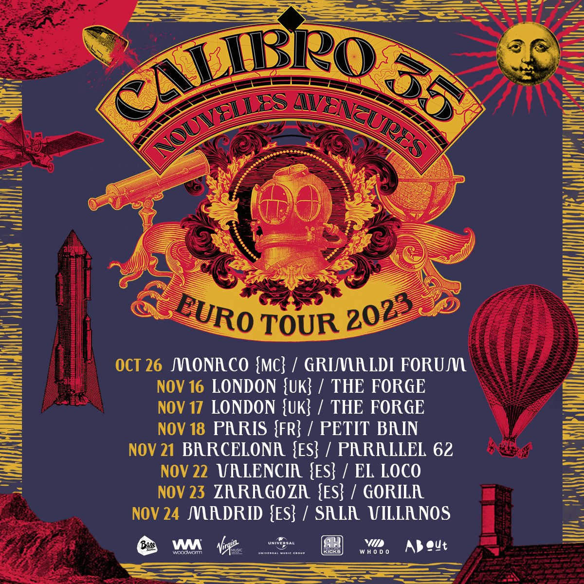 #CALIBRO35’s EU/UK TOUR resumes in 2 days! Don't miss the chance to hear the new album NOUVELLES AVENTURES (& more) live, check out the shows. Including #London, #Paris, #Barcelona, #Madrid & more! ➡️ Album out now bit.ly/OrderNouvelles… ➡️ Tour Tickets: linktr.ee/calibro.euroto…