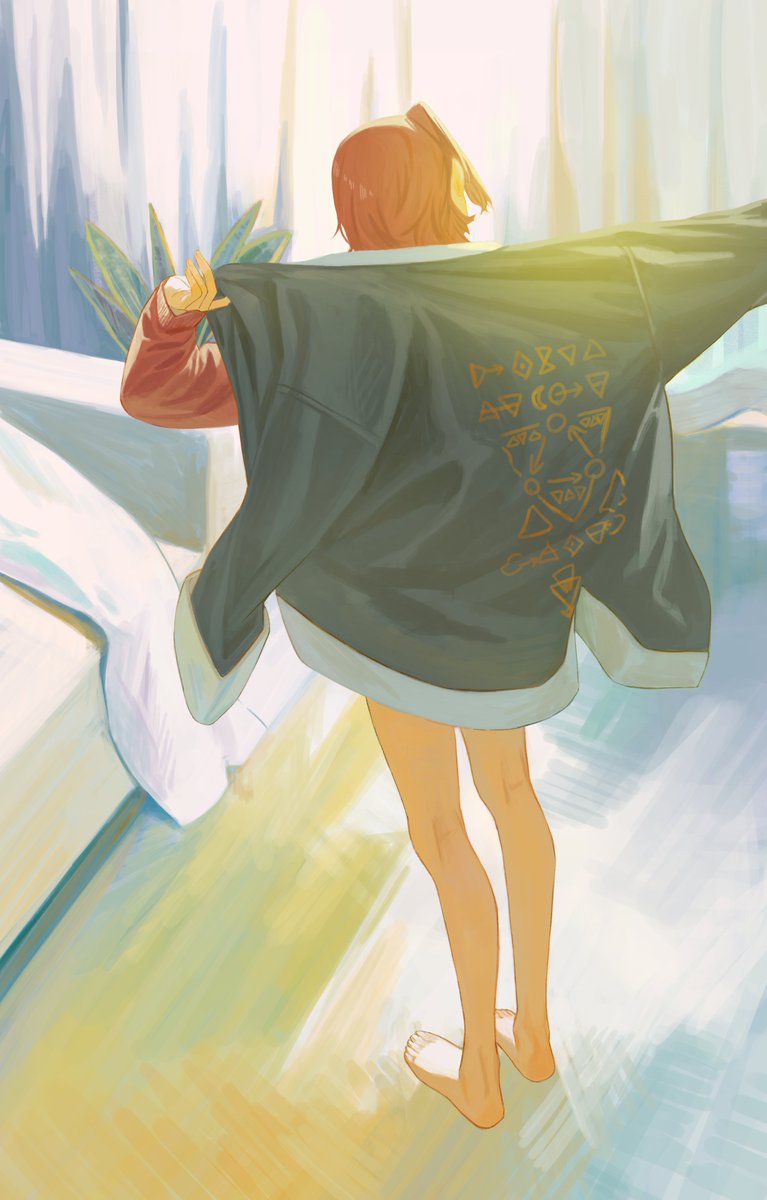 ange katrina solo barefoot jacket from behind 1girl short hair curtains  illustration images