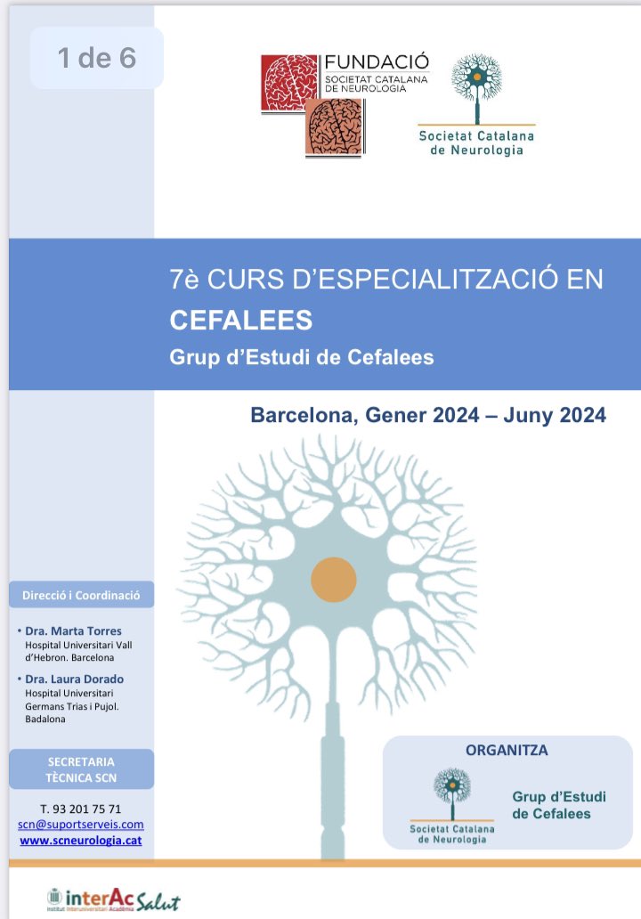 Us recordem que estan obertes les inscripcions per la VII edició del Curs d’Especialització en Cefalees que començarà al gener! Segur que heu rebut un mail amb l’enllaç directe per la inscripció i si no, el trobareu a la nostra web scneurologia.cat No us el perdeu!🧠 🧠