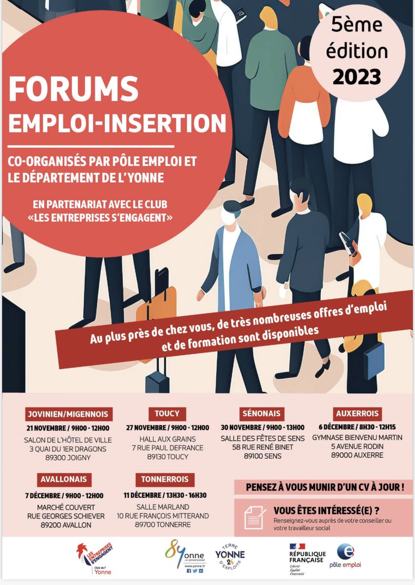 ✅ Pour favoriser le retour à l’emploi et l’accès  à la formation de tous, et notamment des bénéficiaires du rsa, le <a href="/Departement89/">Département Yonne</a> et @poleemploi_bfc organisent près de chez vous  6 forums emploi-insertion. Parlez en à votre conseiller!