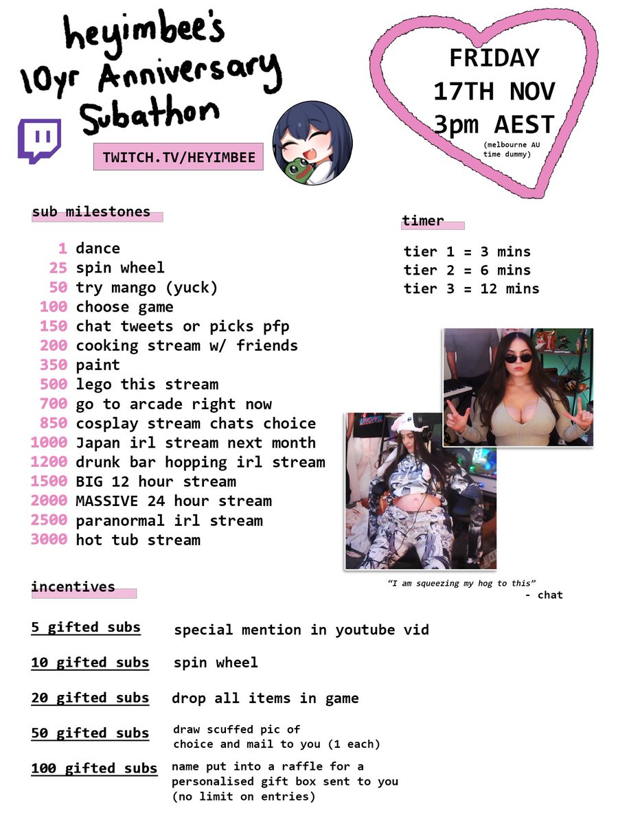 you come to my subathon this weekend, will be good fun yes twitch.tv/heyimbee