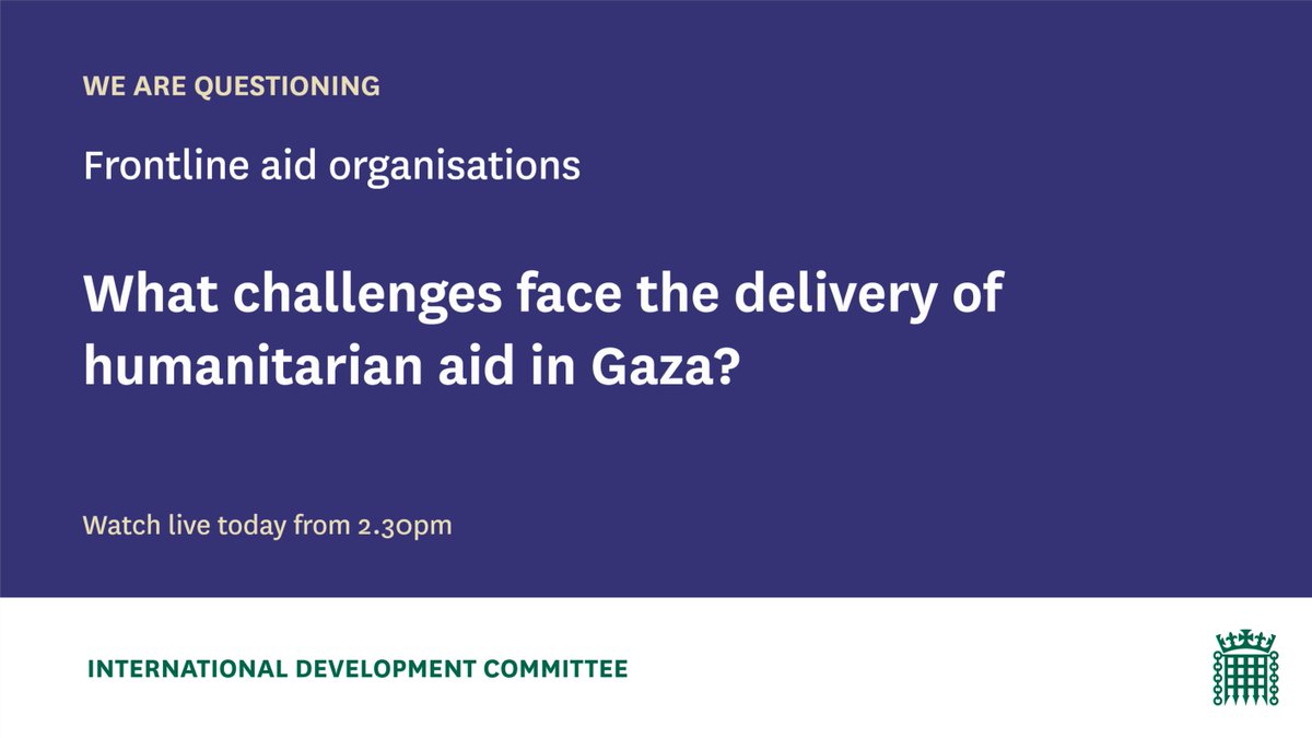 Join us this afternoon as we take evidence on the humanitarian situation in #Gaza from aid organisations working on the frontline @UNRWA, @NRC_Norway, @hrw & @MedicalAidPal. Watch live on Parliament TV from 2.30pm here: bit.ly/40BYmIJ @SarahChampionMP