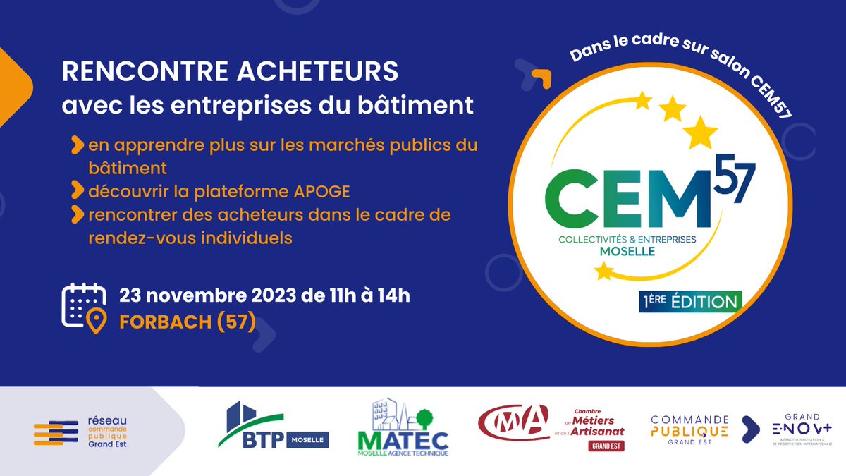 📢 A l’occasion du premier Salon des Collectivités et Entreprises de #Moselle ( #CEM57 ) à #Forbach, venez assister à une conférence dédiée aux #marchéspublics du #bâtiment et à des rendez-vous individuels avec des collectivités locales.

👉commandepublique-grandest.fr/evenement/renc…

 #btp
