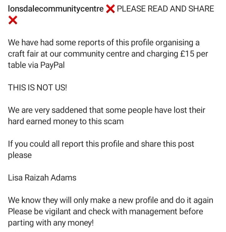 Scam doing the rounds in Hull charging people £15 for a stall at the Lonsdale Community Centre, please report and share if you see it #scam #Hull #lonsdalecommunitycentre