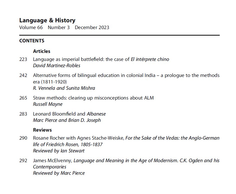 1/3 Issue 66.3 (December 2023) of Language & History is now available online & on its way to the printers! Huge thanks to my fantastic editorial team, the authors & our many reviewers for all their help with this year’s volume 😊 #histlx @HenrySweetSoc 
tandfonline.com/toc/ylhi20/66/…