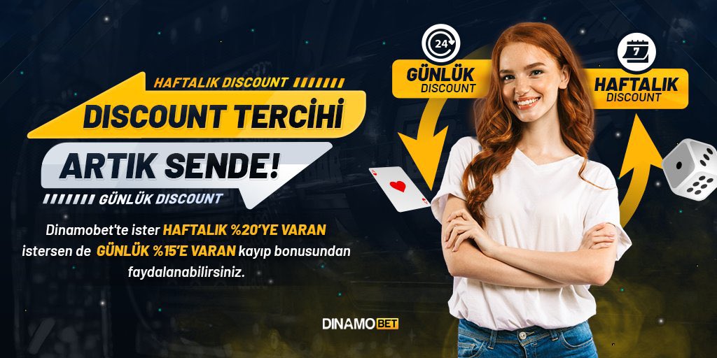 📢 #Dinamobet'te Yeni Discount Dönemi!

💰 Discount tercihi artık sende;

🎲 İster Haftalık %20'ye varan istersen de Günlük %15'e varan kayıp bonusundan faydalanabilirsiniz.

🔗 Detaylı bilgi için: bit.ly/3DH54Sh 👈