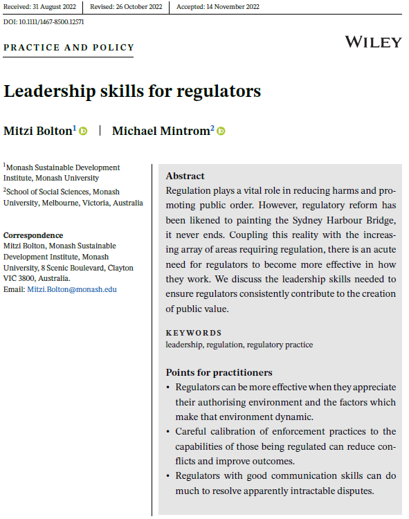#Tbtuesday 

👉What are #leadership skills for #regulators for creation of #publicvalue❓

@Mitzi_Bolton & @MikeMintrom point to #contextual awareness, #harm, #compliance & #enforcement, #regulatory response, & #communication👇

onlinelibrary.wiley.com/doi/10.1111/14…