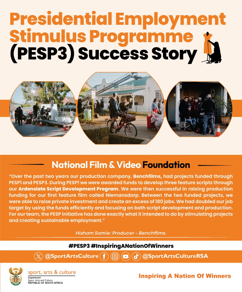 SportArtsCultur's tweet image. The Presidential Employment Stimulus Programme 3 (PESP3) is proud of &apos;Benchfilms&apos; who participated in the PESP3 initiative.

Benchfilms speaks to their journey in PESP3 and their amazing project:

&quot;Ardenslate Script Development Program&quot;

#InspiringANationOfWinners
#PESP3 #NFVF
