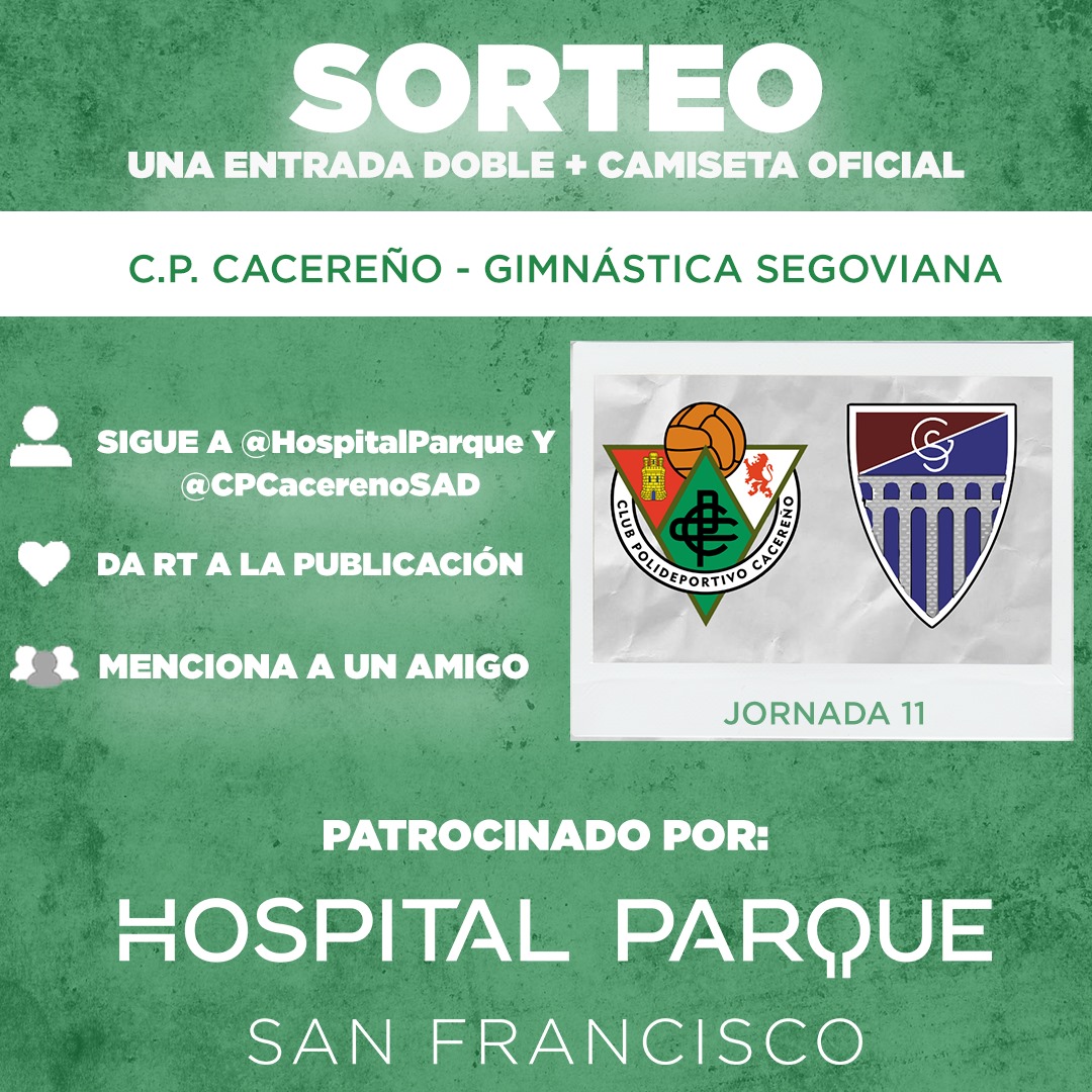 CP Cacereño (@cpcacerenosad) on Twitter photo 🚨 𝗦𝗢𝗥𝗧𝗘𝗢 | 𝗘𝗡𝗧𝗥𝗔𝗗𝗔 𝗗𝗢𝗕𝗟𝗘 + 𝗖𝗔𝗠𝗜𝗦𝗘𝗧𝗔 𝗢𝗙𝗜𝗖𝗜𝗔𝗟
¡Tenemos nuevo sorteo con <a href="/HospitalParque/">Hospitales Parque</a>!
👕🎫 ¡Participa y llévate dos entradas y una camiseta oficial para el #CacereñoGimnástica!
📆 Sorteo activo hasta el próximo 16/11 a las 23:59
¡Suerte! 🍀 🚨 𝗦𝗢𝗥𝗧𝗘𝗢 | 𝗘𝗡𝗧𝗥𝗔𝗗𝗔 𝗗𝗢𝗕𝗟𝗘 + 𝗖𝗔𝗠𝗜𝗦𝗘𝗧𝗔 𝗢𝗙𝗜𝗖𝗜𝗔𝗟
¡Tenemos nuevo sorteo con <a href="/HospitalParque/">Hospitales Parque</a>!
👕🎫 ¡Participa y llévate dos entradas y una camiseta oficial para el #CacereñoGimnástica!
📆 Sorteo activo hasta el próximo 16/11 a las 23:59
¡Suerte! 🍀