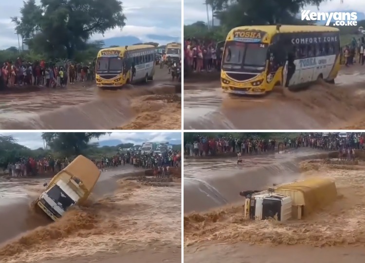 Bus full of passengers crosses flooded river; truck which was following behind swept away