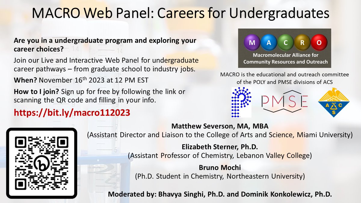 Attention all Undergraduates. Coming up in 2 days. Careers for Undegraduates Web Panel. Join us for a Live and Interactive Web Panel Date & Time: November 16, 2023 12:00 PM ET Registration: american-chemical-society.zoom.us/webinar/regist…