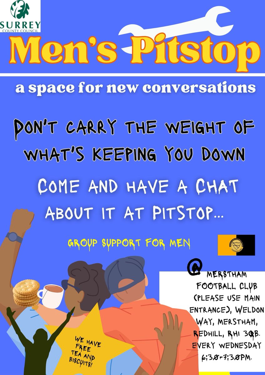 Merstham Hub-MCFT (@mersthamhub) on Twitter photo 'Don't carry the weight of what's keeping you down, come and have a chat about it at Pitstop'.
Merstham's men's support group is moving from the hub to <a href="/MersthamFC1892/">Merstham FC (Official)</a>!
Every Wednesday 6:30-7:30PM
#oktotalk #mensmentalhealth #communitysupportingcommunity #lovemerstham 'Don't carry the weight of what's keeping you down, come and have a chat about it at Pitstop'.
Merstham's men's support group is moving from the hub to <a href="/MersthamFC1892/">Merstham FC (Official)</a>!
Every Wednesday 6:30-7:30PM
#oktotalk #mensmentalhealth #communitysupportingcommunity #lovemerstham