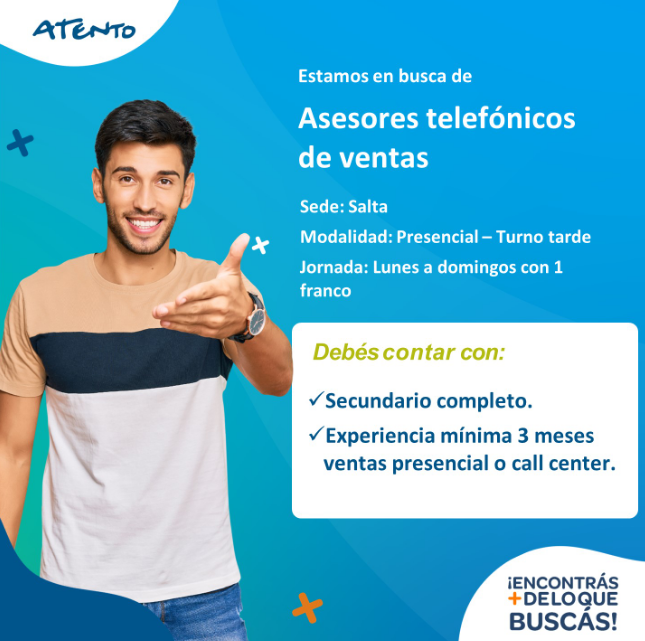 fundacionllika's tweet photo. ¡Atención Salta! 👉ATENTO ARGENTINA busca Asesoras y Asesores Telefónicos de Ventas. 

Hay 20 vacantes para cubrir. 

Ingresá a  https://t.co/rlq6QOixDU, creá tu cuenta y postulate!! https://t.co/swLnfaxkzd