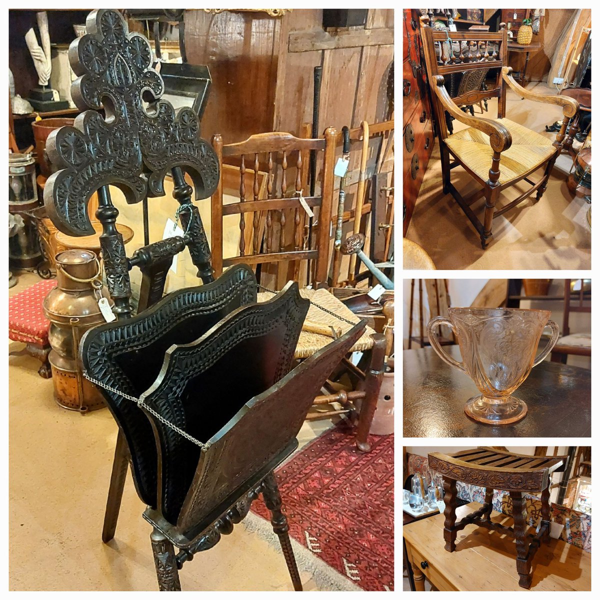 #signedsculpture #italiansculpture #depressionglass #indianstand #rushsetchair #carvedwoodstool #judismithantiques #eversleybarnantiques