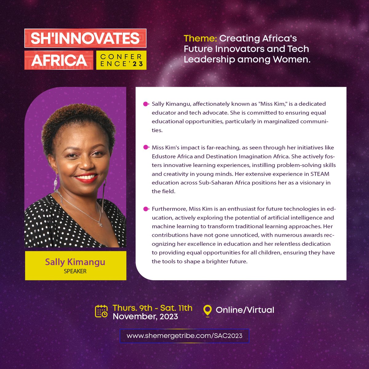 Sh_Emerge's tweet image. Here&apos;s expressing our heartfelt gratitude to our speaker, @Sally Kimangu (Miss Kim) for sharing your wealth of knowledge and expertise with us at the Sh&apos;Innovates Africa Conference.

#ShEmerge #ShInnovatesAfrica2023