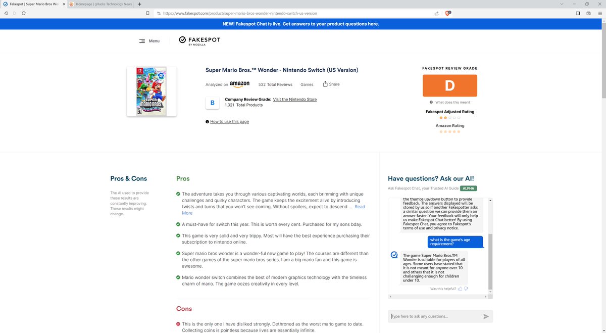 ghacks's tweet image. Mozilla launches AI shopping helper Fakespot Chat #mozilla #fakespot #ai

ghacks.net/2023/11/14/moz…