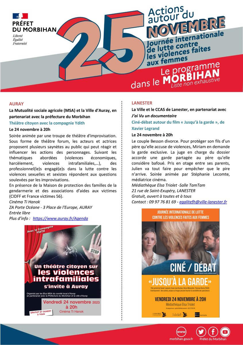 Prefet56's tweet photo. Droit des Femmes |
👉Découvrez le programme des événements organisés du 14 novembre au 8 décembre 2023 dans le #Morbihan autour de la Journée internationale de lutte contre les violences faites aux femmes.

ℹ️> https://t.co/JQXfswVhYG https://t.co/fIXPhzxZus