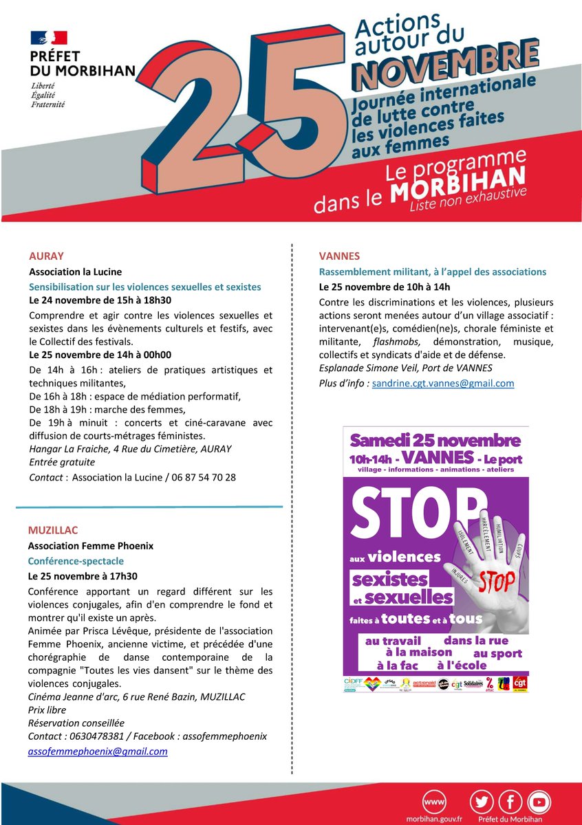 Droit des Femmes |
👉Découvrez le programme des événements organisés du 14 novembre au 8 décembre 2023 dans le #Morbihan autour de la Journée internationale de lutte contre les violences faites aux femmes.

ℹ️> morbihan.gouv.fr/Actions-de-l-E…