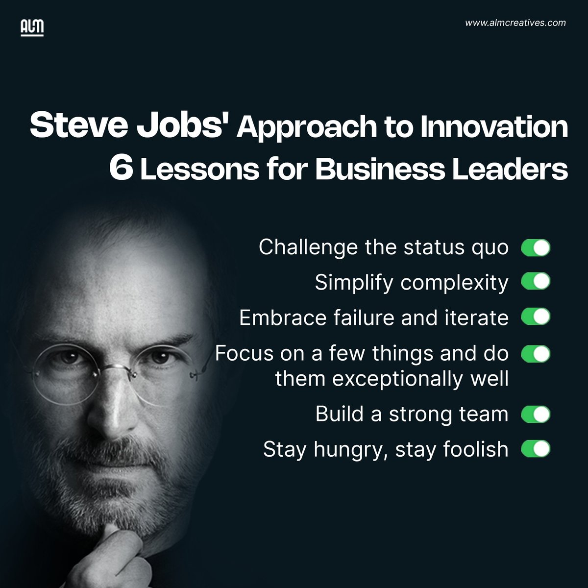 ALMCStudio's tweet photo. Steve Jobs, the co-founder and former CEO of Apple Inc., was known for his innovative approach to business and product development. 

KEY LESSONS FOR BUSINESS LEADERS 👇

#adp2023 https://t.co/ukGHoGRm6i