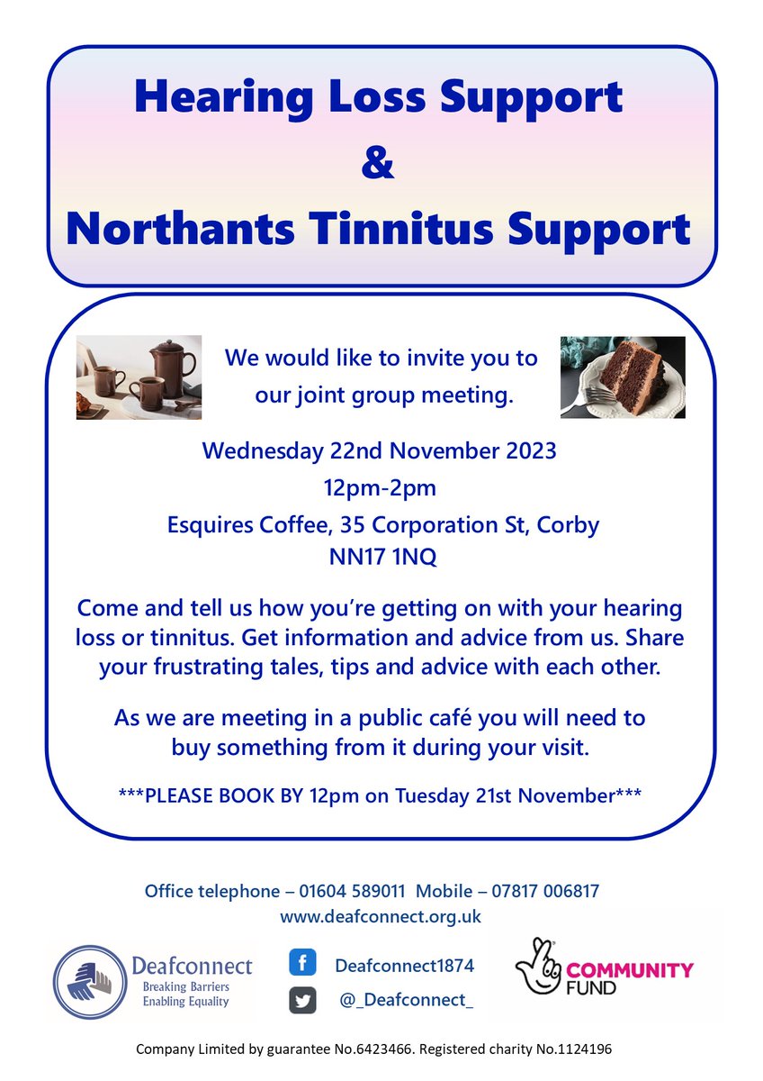 Please find below a reminder of the details for our next group meetings at Kettering and Corby. #Tinnitus #TinnitusAwareness #TinnitusSupport #Tinnitusprevention #HardofHearing #HOH #HearingHealth #HearingLoss #deafness