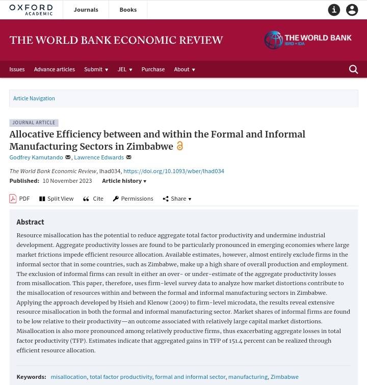 📢Great to share that our article has been published in the World Bank Economic Review 👉academic.oup.com/wber/advance-a…
-TFP losses due to misallocation of resources are biased if #informalsector #firms are ignored.
-High presence of market distortions in #Zimbabwe manufacturing sector