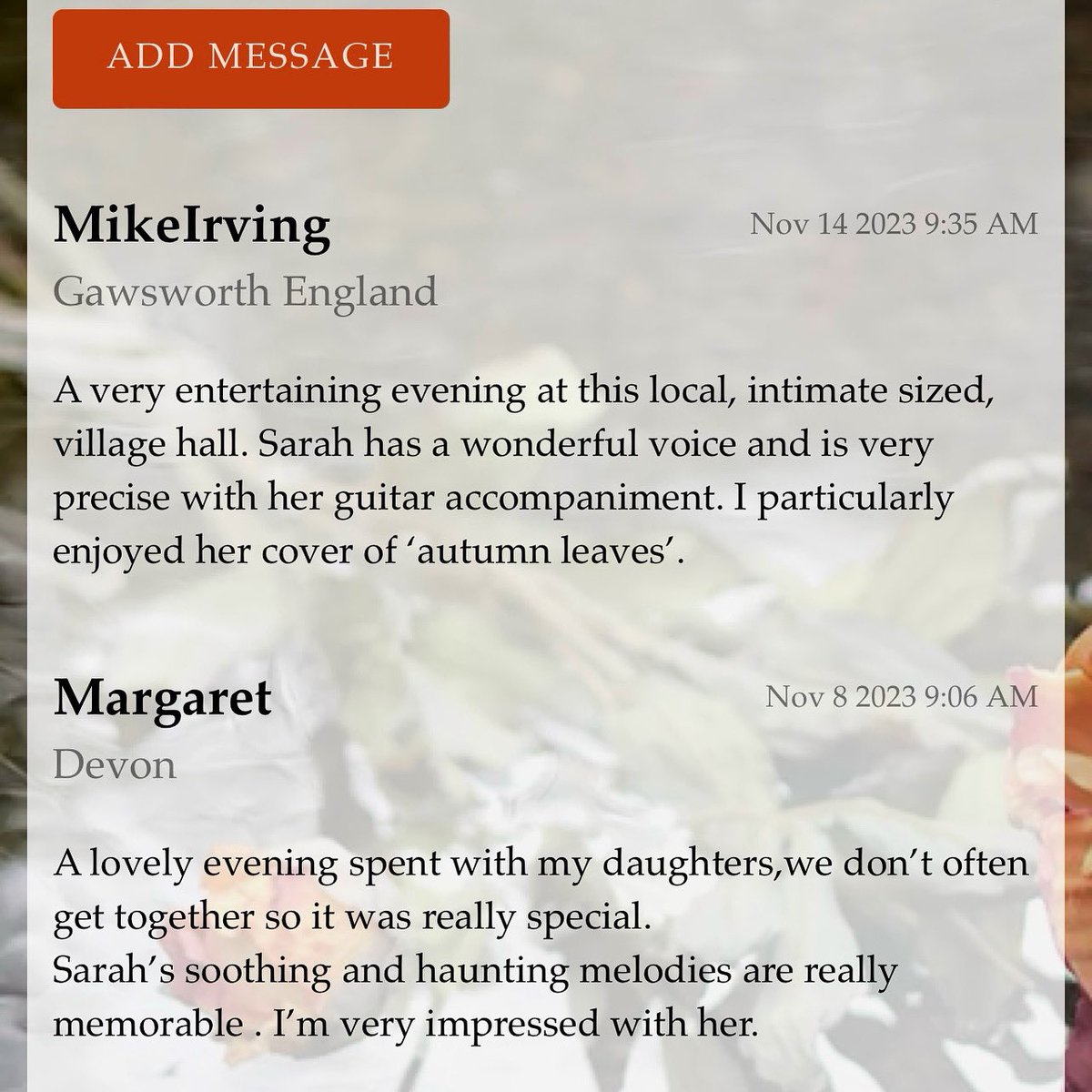 sarahmcquaid's tweet photo. So nice to see these lovely guestbook comments from audience members at my concerts in @PavilionsTQ14 & @cheshiretouring #Gawsworth #VillageHall! Looking forward to playing @cheshiretouring @TFVillagesHall #Backford #Chester #Cheshire TOMORROW (Weds), -> https://t.co/EtlOXJU9fb