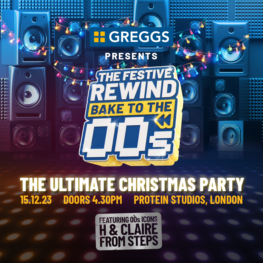 GreggsOfficial's tweet photo. Presenting the Festive Rewind 🎄⏪

We're going bake to the 80s, 90s and 00s to party, Greggs-style.

Keep your eyes on our socials - event tickets released on Friday November 17th at 10am... https://t.co/lo7QBQXkqH