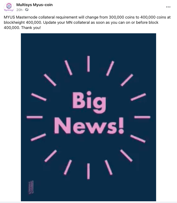 Multisys13's tweet image. MYUS Masternode collateral requirement will change from 300,000 coins to 400,000 coins at blockheight 400,000. Update your MN collateral as soon as you can on or before block 400,000. Thank you!
