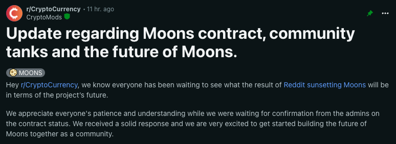 BSCNews's tweet photo. JUST IN: REDDIT TO BURN 34% OF $MOON SUPPLY

- The @Reddit associated $MOON token surged more than 200% in just a few hours, following an update released by mods on the Reddit platform itself.

- The update, which includes a “plan forward” for $MOON, is set against a backdrop of community outrage at the company’s recent abandonment of its #cryptocurrency initiatives.

Key Tenets of the Update…

- Reddit admins will renounce control of the $MOON token contract - something which will occur by the end of November. But what does this mean…?

◽ No new $MOON can be created, effectively hard-capping its supply.

◽ Contract becomes un-editable, making it thereafter fully decentralized.

◽ @Reddit will burn all $MOON in the ‘Community Tank’, permanently reducing the token’s supply by 34%, to just ~83.2M tokens.

◽ This will mean that $MOON ceases to be an inflationary asset, and becomes deflationary/static.

The New Plan for $MOON…

- The post also clarifies Reddit’s intention to “work with the community to develop a plan forward for Moons”.

- This will involve the proposed distribution of $MOON tokens in the “community wallet”.

- There are also plans to re-introduce $MOON holdings displayed next to usernames, as well as $MOON tipping functionality.

- The mod team will also be working to expand and redevelop the wider utility of the $MOON token.

#CryptoNews #Ethereum #ETH #Reddit #MOON #Memecoin