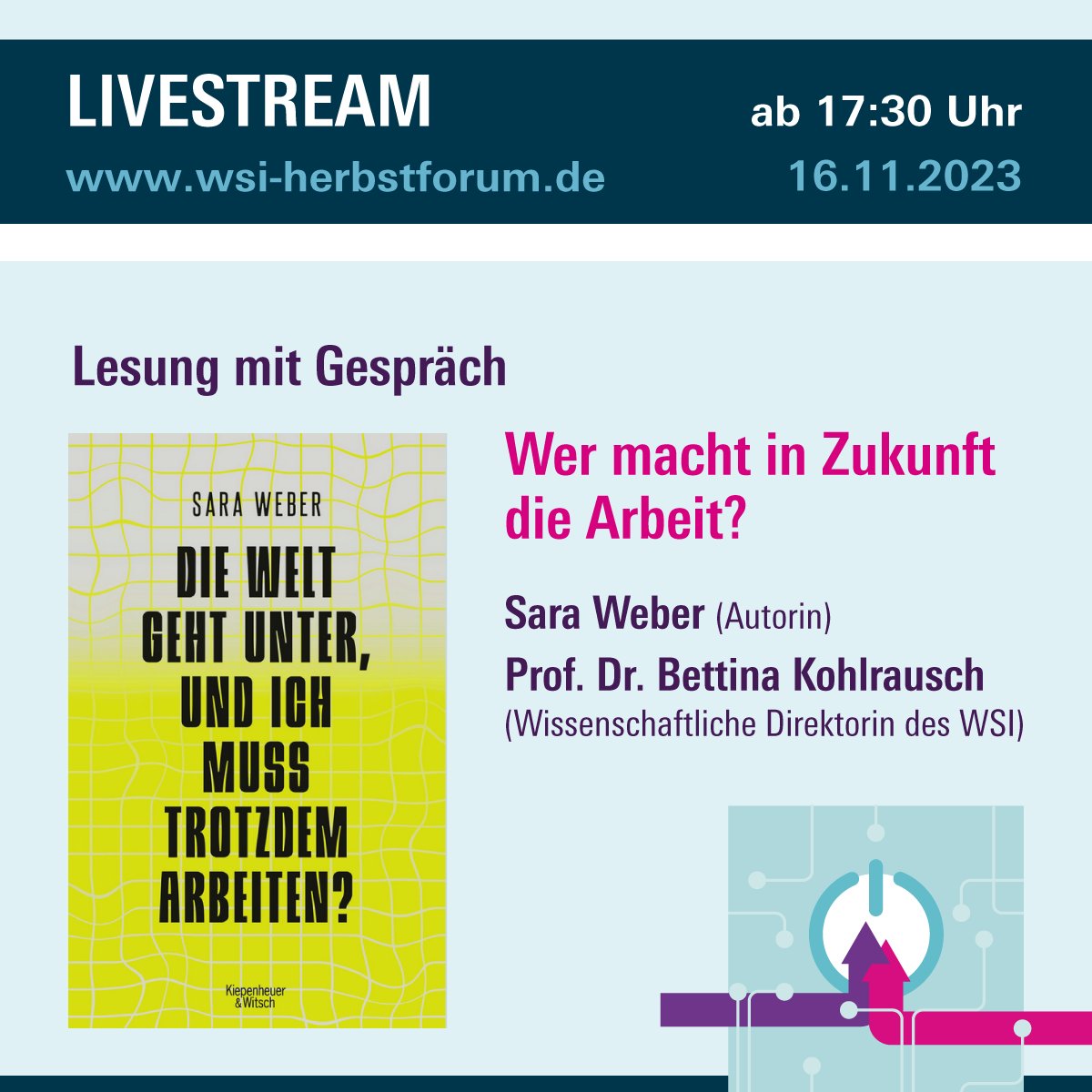 Arbeit in der Krise: #greatresignation #quietquitting Wie kann eine bessere Arbeitswelt aussehen? Lesung <a href="/sara__weber/">Sara Weber</a> und Diskussion mit @BettiKohlrausch über Neugestaltung: gerecht, vereinbar, auf den Menschen orientiert. #wsihf2023 🖥️ am Donnerstag ➡️ wsi-herbstforum.de