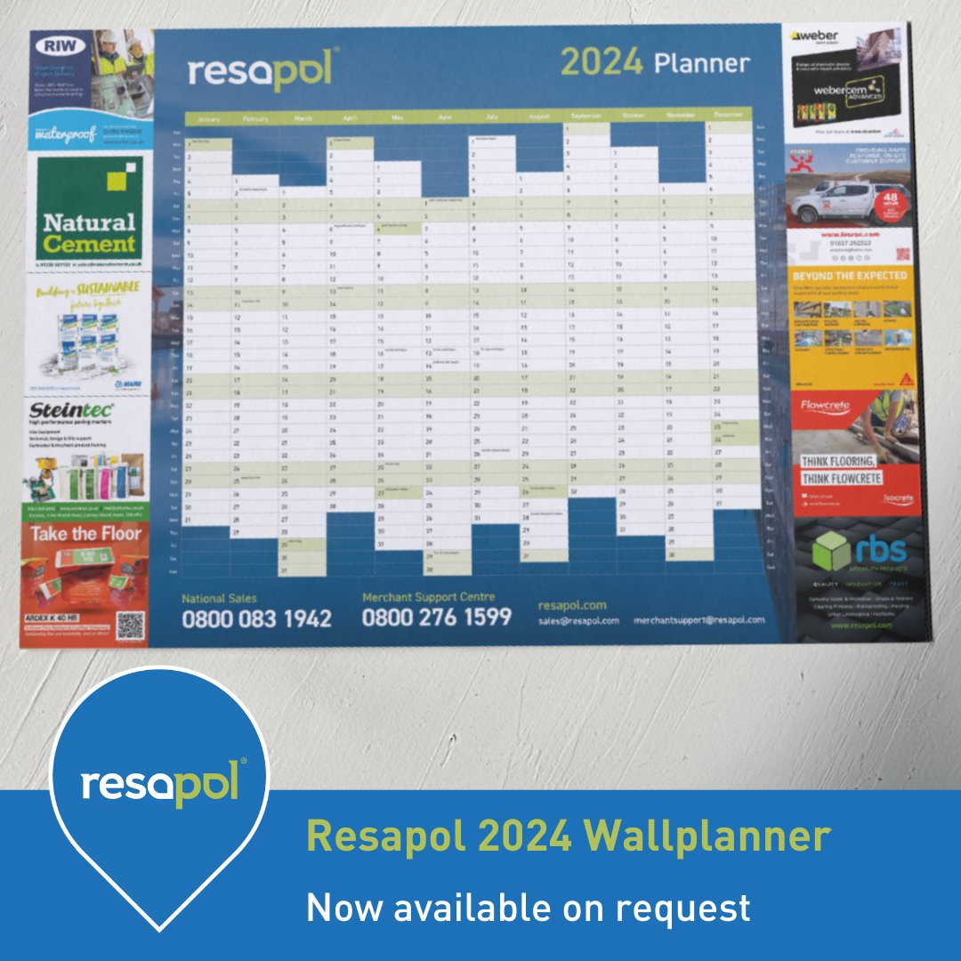 resapol's tweet photo. The Resapol 2024 Wallplanner is in stock and being despatched on all our orders. Request a copy today by emailing: sales@resapol.com
@mr_riw @NaturalCement @MapeiUKLtd @tuffbauSteintec @ARDEXUK @SGWeberUK @FosrocUk @SikaLimited @FlowcreteUK
#Construction #Wallplanner #2024 https://t.co/tVfUrv4WfU