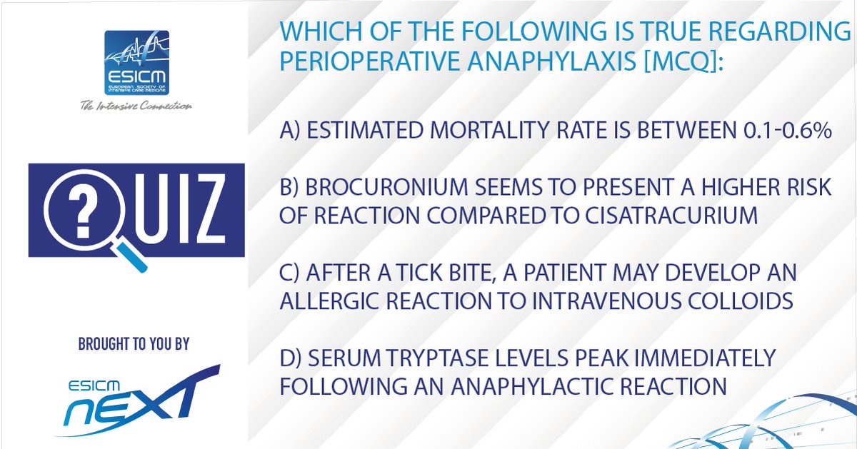 ESICM's tweet photo. ❓ Challenge yourself with this month's first #ESICMQuiz - drop a comment with your answer 👇
Thanks to #ESICMNEXT @m_zawadka for preparing. Stay tuned for the answer and rationale tomorrow!
#IntensiveCare #CriticalCare #Anaphylaxis https://t.co/HdhMMfA48g