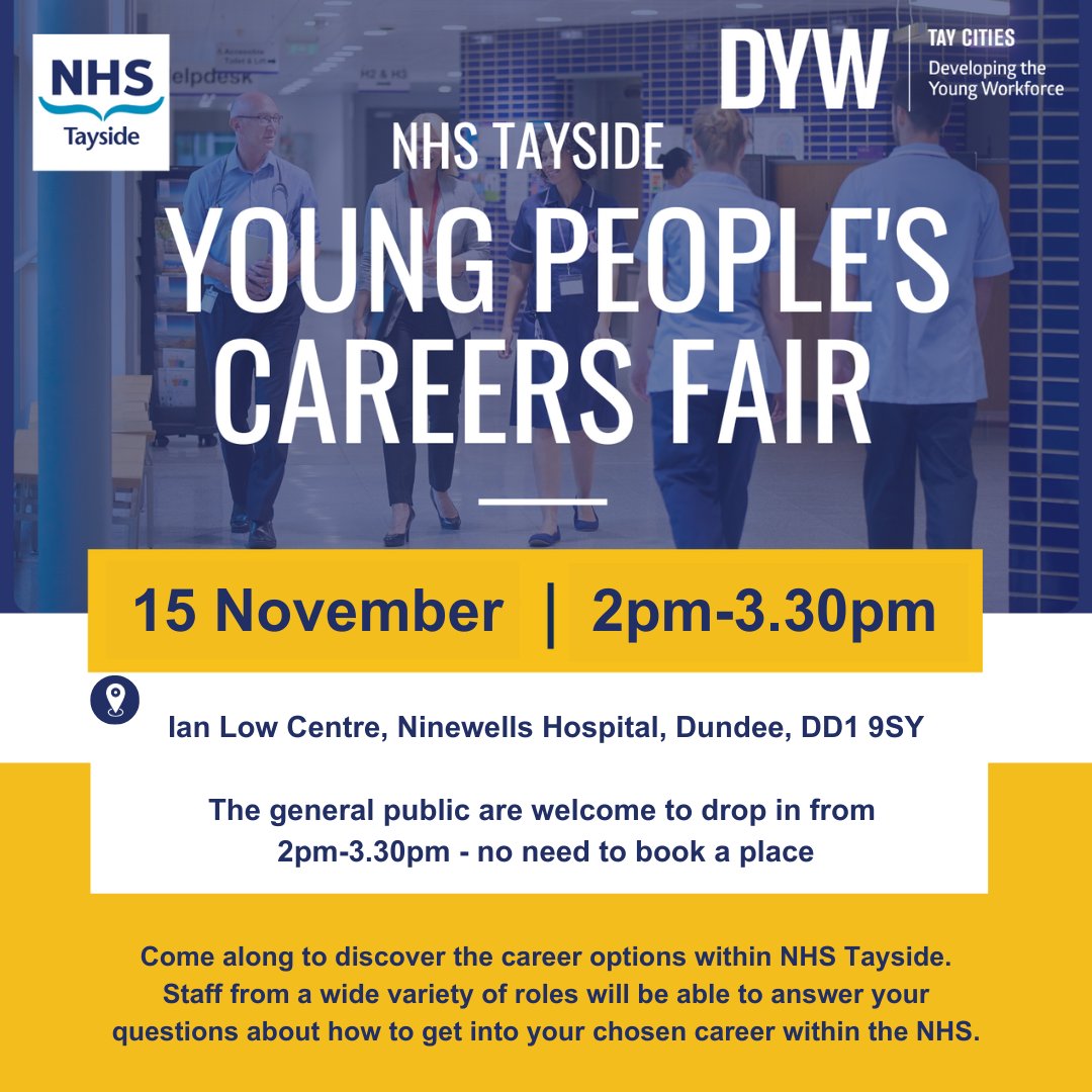 We look forward to welcoming senior pupils from schools across Dundee and Angus tomorrow. 

Members of the public are welcome to drop in between 2-3.30pm to explore various career opportunities within NHS Tayside.

<a href="/DYWTayCities/">DYW Tay Cities</a>