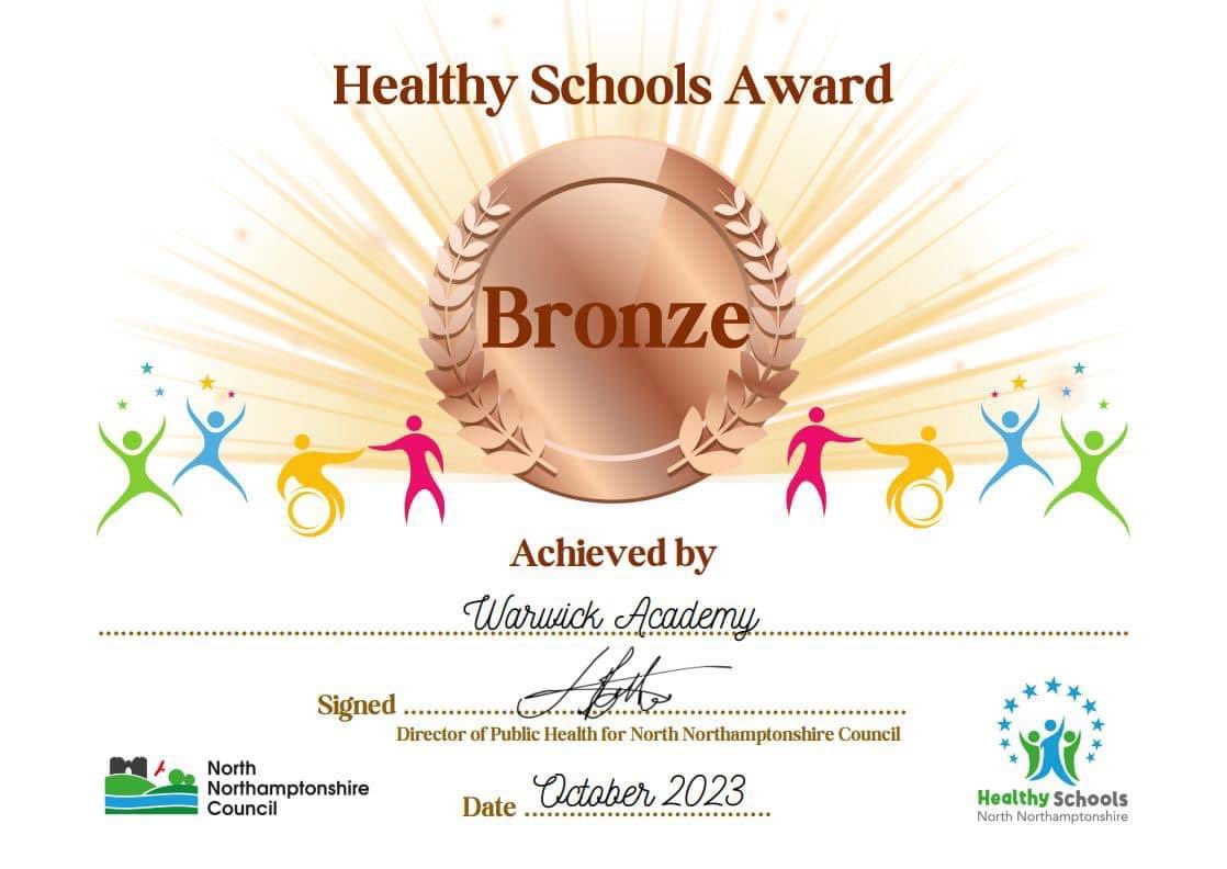 🌟Exciting News! I’m thrilled to share that Warwick has achieved the Bronze Healthy Schools Award from @HSNorthants! 🏆🍏 Thanks to the dedication of our pupils, staff, and parents. We're creating a healthier and happier school environment. 🎉 #YourChildOurPriority #TeamWarwick
