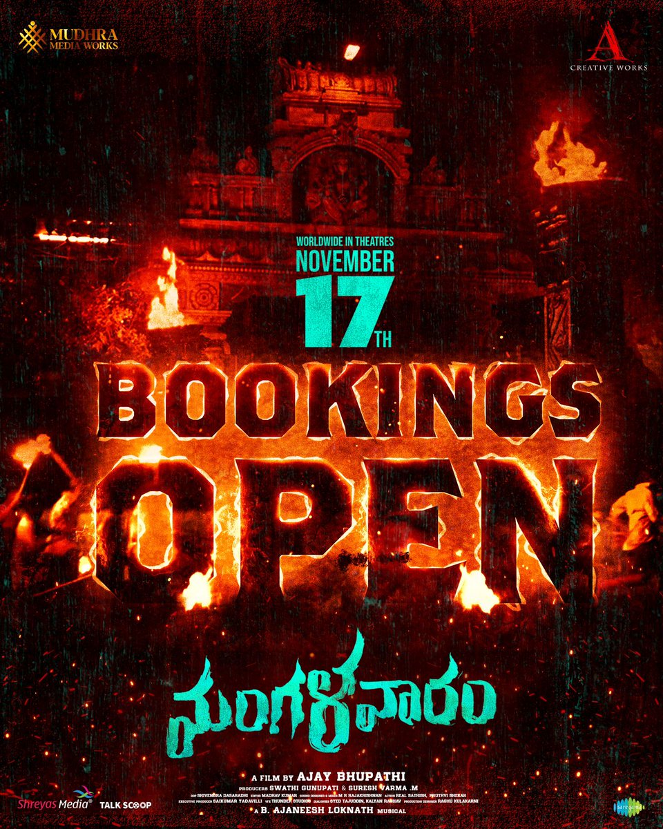 #Mangalavaaram Bookings open now🎟️

Directed by @DirAjayBhupathi 🎬
An @AJANEESHB Musical 🎶

#MangalavaaramOnNov17th @starlingpayal @Nanditasweta @MudhraMediaWrks @ACreativeWorks_ #SwathiGunupati #SureshVarmaM @saregamasouth @PulagamOfficial