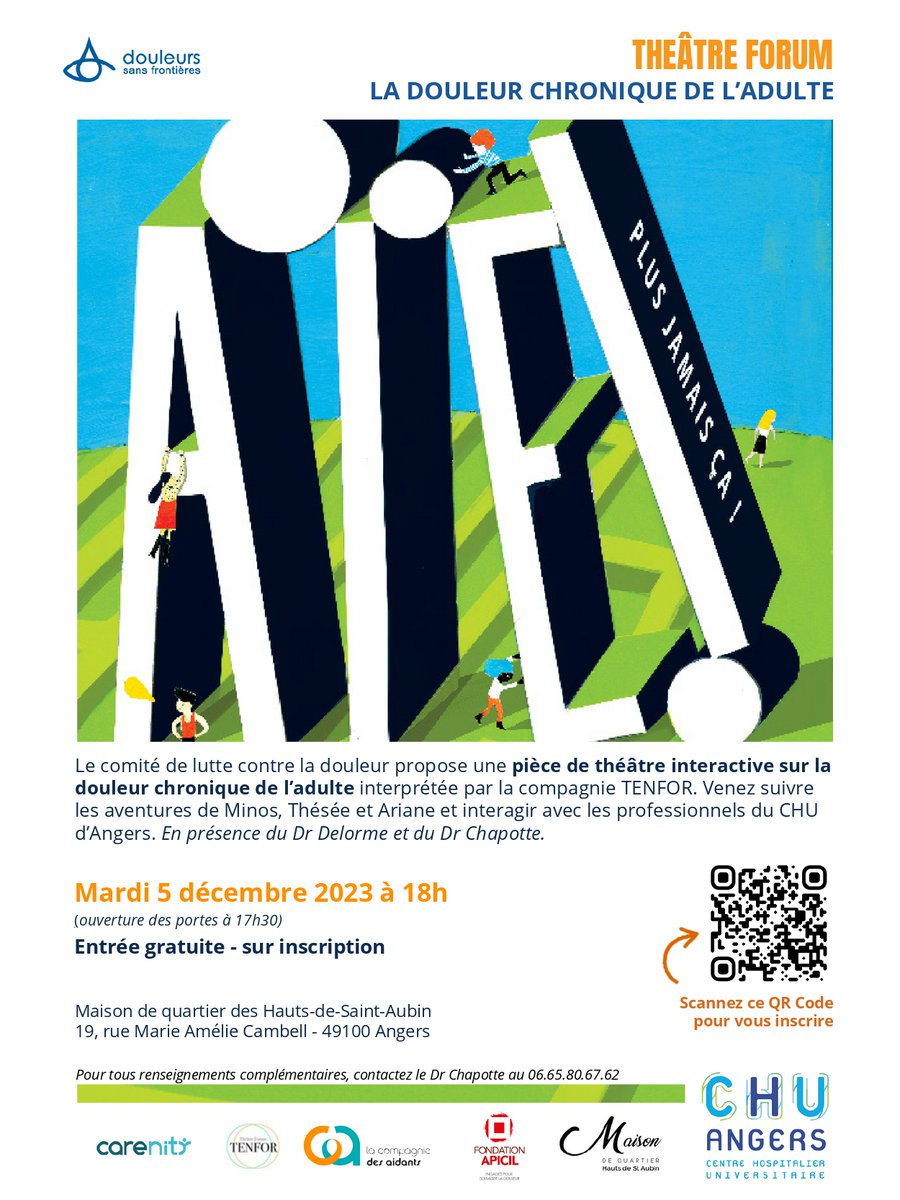DSF_Solidarite's tweet photo. « AIË, PLUS JAMAIS ÇA » : UNE PIECE DE THEATRE FORUM POUR PARLER DE LA DOULEUR CHRONIQUE  Le mardi 5 décembre à 18h, à Angers.  L’inscription est gratuite. Inscrivez-vous d’ores et déjà ! #culture #théâtre #sensibilisation #Angers #solidarité #douleurschroniques  #santépourtous https://t.co/xQ1J2GSpYY