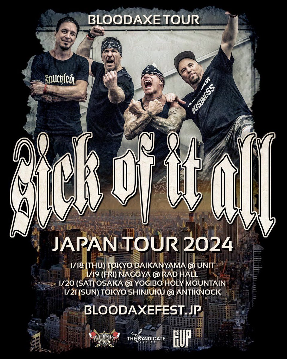 BloodaxeFest's tweet photo. 【明日!!!】Wed. @ 9pm🌃
明日15日(水)21時に2024 2発目のBLOODAXE TOUR情報解禁します🛎これまた最高でさらに今回は3バンドカップリング•ツアー乞うご期待！
SICK OF IT ALL先行分チケット全て終了〜今週末からeplus一般販売開始！各会場動きかなり早いので是非お早目に確保願います詳細カミスン🎫🔜 https://t.co/WJS45NB949