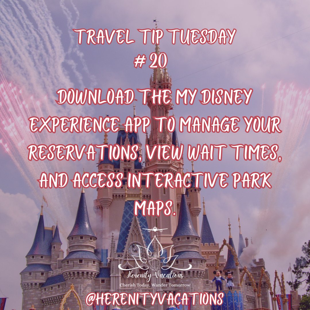 HerenityV's tweet image. Travel Tip 20: Use My Disney Experience

📱🌟 This enchanting app lets you manage reservations, check wait times, and explore interactive park maps. It's like having a personal genie to make your wishes come true! ✨

#HerenityVacations #MyDisneyExperience #MagicApp #DisneyTrip