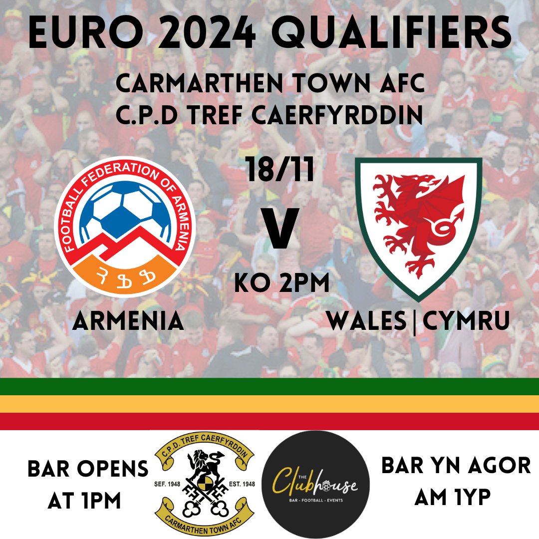 CarmarthenAFC's tweet photo. This Saturday | Dydd Sadwrn 🏴󠁧󠁢󠁷󠁬󠁳󠁿

The Clubhouse at Stadiwm LHP will be open from 1pm in anticipation of Wales' crucial qualifier vs Armenia ⚽️

Bydd y clwb ar agor o 1yp i dangos gêm Cymru yn erbyn Armenia ⚽️

#UnHenAur #OneOldGold https://t.co/A3G2DLmu5T