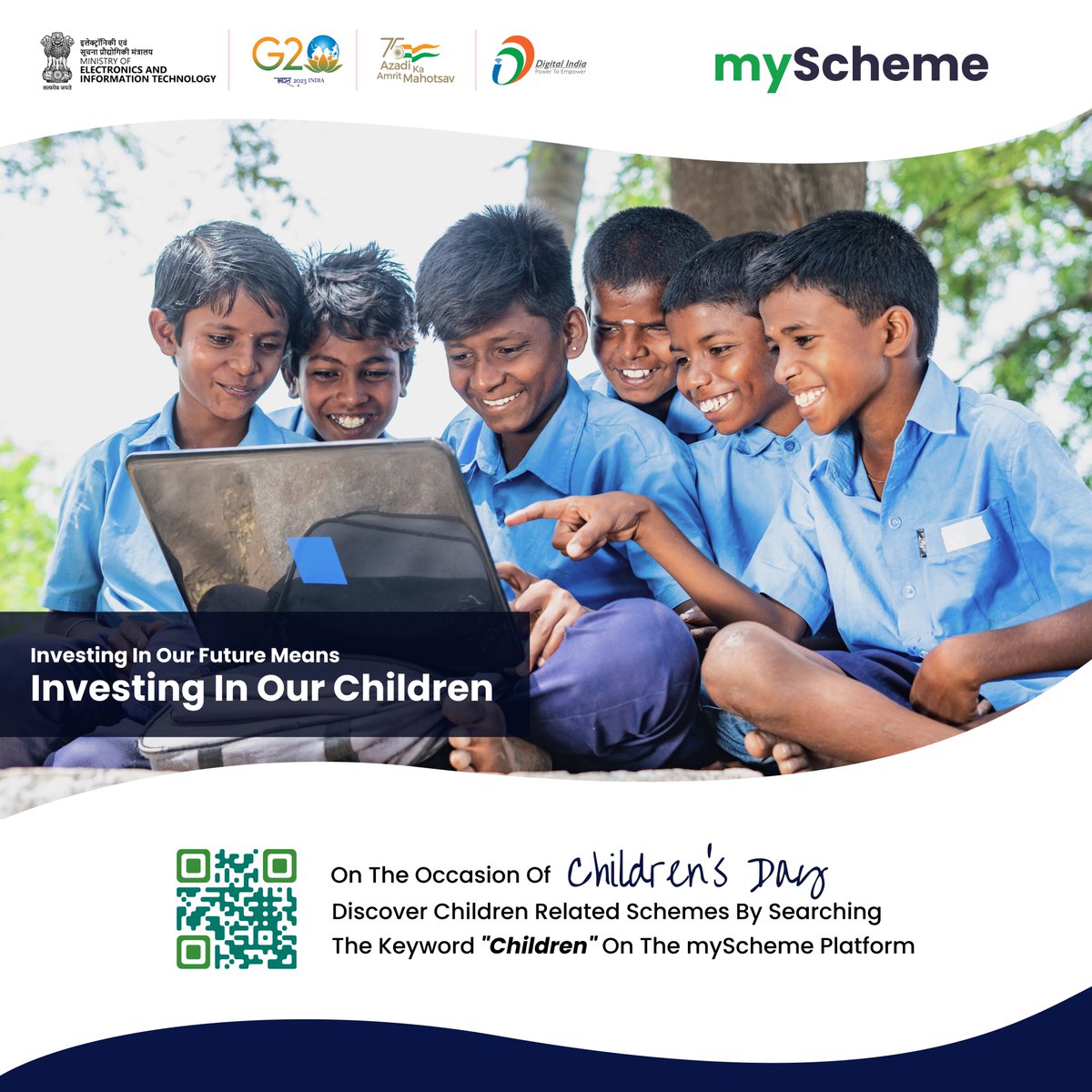 Happy Children's Day! Visit: myscheme.gov.in Discover Children-related schemes by searching the keyword 'Children' on the myScheme platform. #schemesforyour #myScheme #governmentschemes #Children#HappyChildrensDay #DigitalIndia