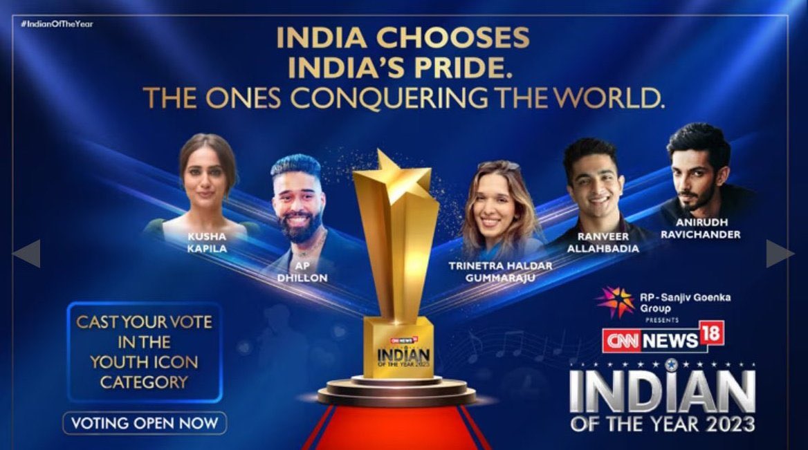 Thank you CNN - News 18 for the Youth Icon nomination for Indian of the Year 2023. 

indianoftheyear.com