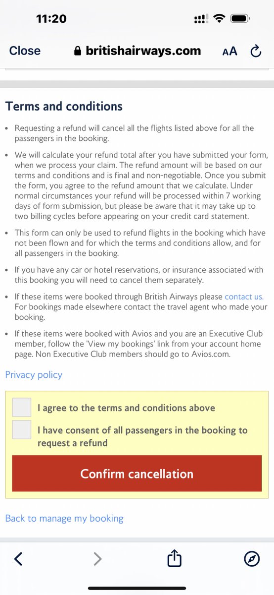 Fetska's tweet photo. @British_Airways talk me through para 2 of this cancellation policy: I don’t know how much of a refund i will get before i press cancel? Not sure that stacks up from a contract law perspective. Why don’t you let people know what the refund is before they choose, like before? https://t.co/Kl2CubncfC